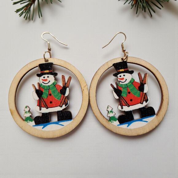 Round Wood Snowman Earrings Christmas Holiday Lightweight 2.3x3.2" - Picture 3 of 8